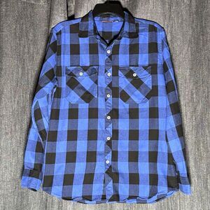 Design in Italy Men's Medium Blue‎ & Black Plaid Flannel Button-Up Shirt Outdoor
